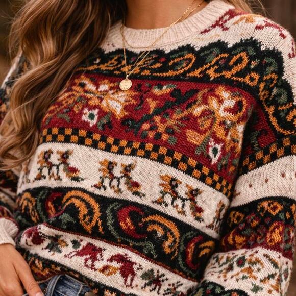 Vintage Heirloom Cottagecore knit Funky sweater intricate FairIsle tapestry - Picture 2 of 6